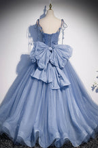 Blaues langes A-Linien-Ballkleid aus Tüll, blaues Abendkleid S51