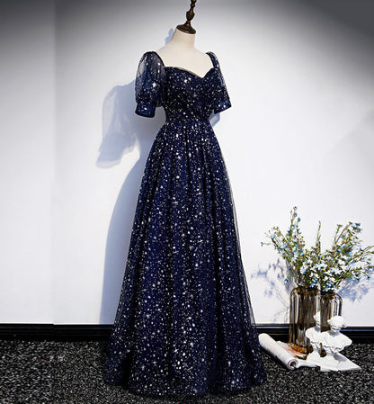 Blaues langes Ballkleid aus Tüll, blaues Abendkleid S106