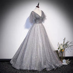 Graues langes Ballkleid mit Tüll-Pailletten in A-Linie, Abendkleid S65