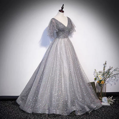 Graues langes Ballkleid mit Tüll-Pailletten in A-Linie, Abendkleid S65