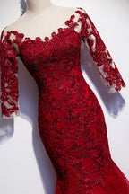 Burgunderrotes langes Ballkleid aus Spitze im Meerjungfrauen-Stil, Abendkleid S110