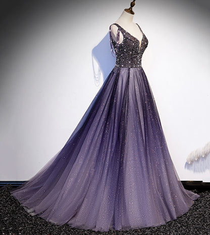 Lila V-Ausschnitt Tüll Perlen langes Ballkleid Abendkleid S104