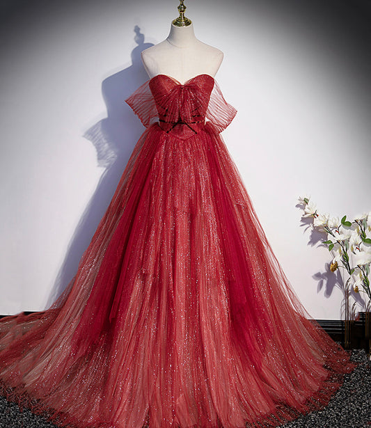 Burgunderrotes langes Ballkleid mit Tüll und Pailletten in A-Linie, Abendkleid S55