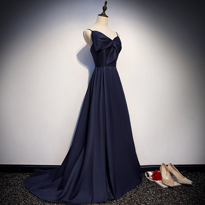 Vestido de fiesta largo de satén azul oscuro, vestido de noche sencillo s93