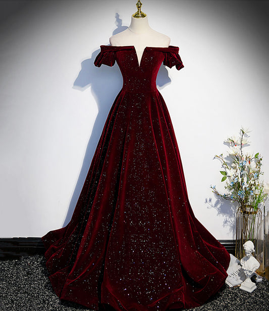 Burgunderrotes langes Ballkleid aus Samt in A-Linie, Abendkleid S53