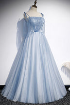 Blaues langes A-Linien-Ballkleid aus Tüll, Abendkleid S72