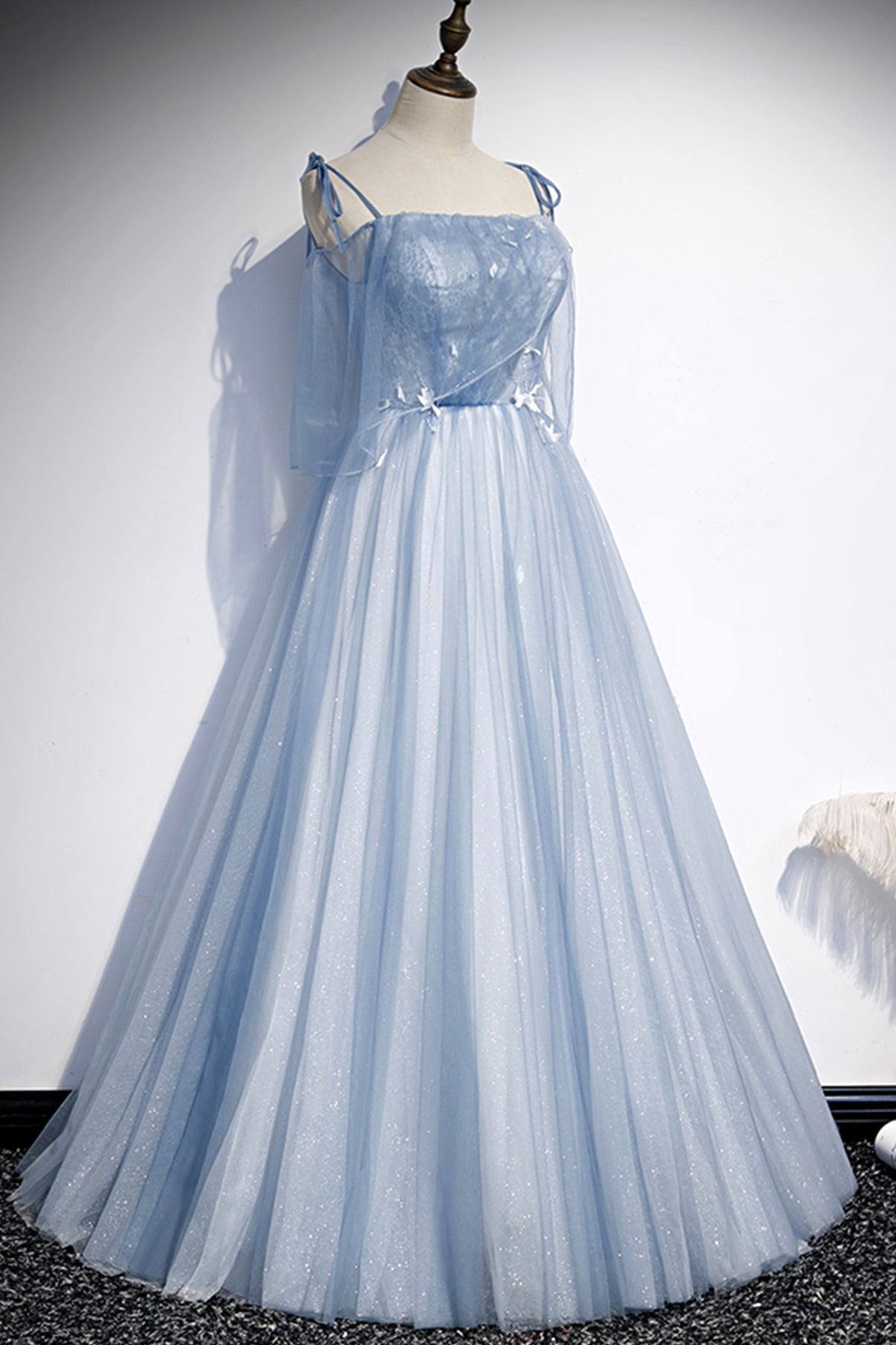 Blaues langes A-Linien-Ballkleid aus Tüll, Abendkleid S72