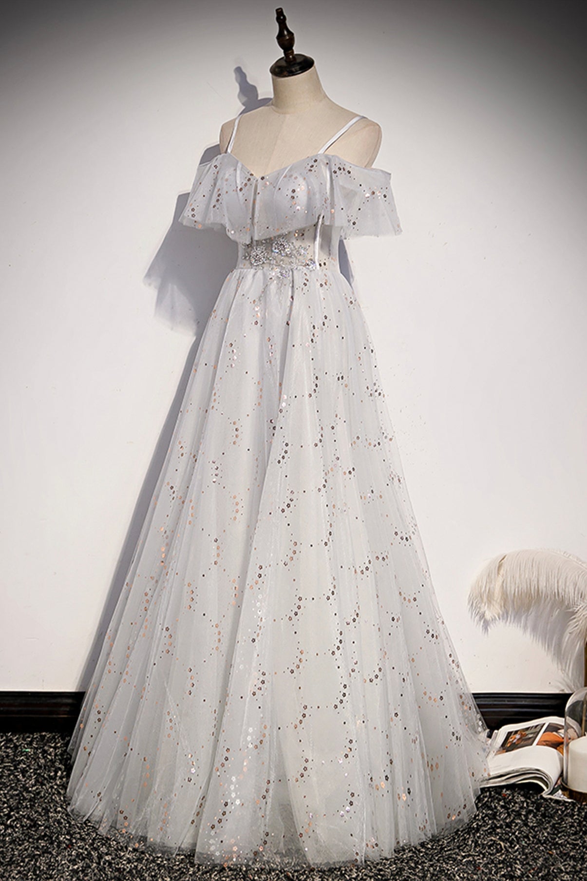 Stilvolles Tüll Pailletten langes A-Linie Ballkleid Abendkleid s71