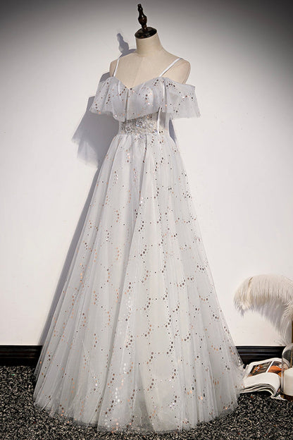 Stilvolles Tüll Pailletten langes A-Linie Ballkleid Abendkleid s71