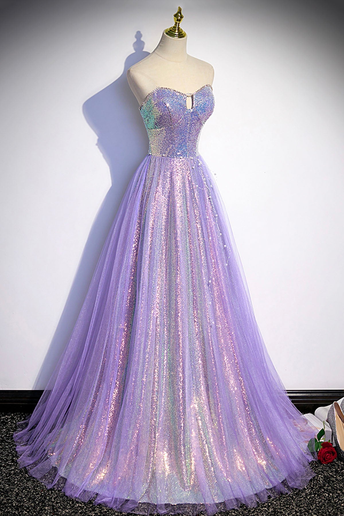 Lila Tüll Pailletten langes Ballkleid Abendkleid s84