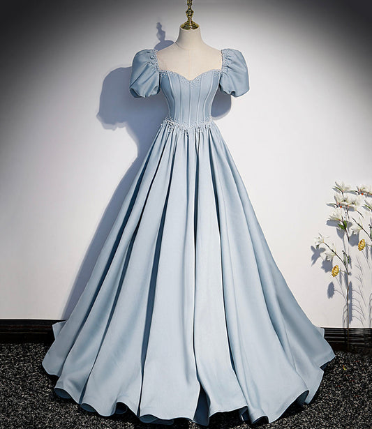 Blaues Satin Perlen langes Ballkleid blaues Abendkleid S52