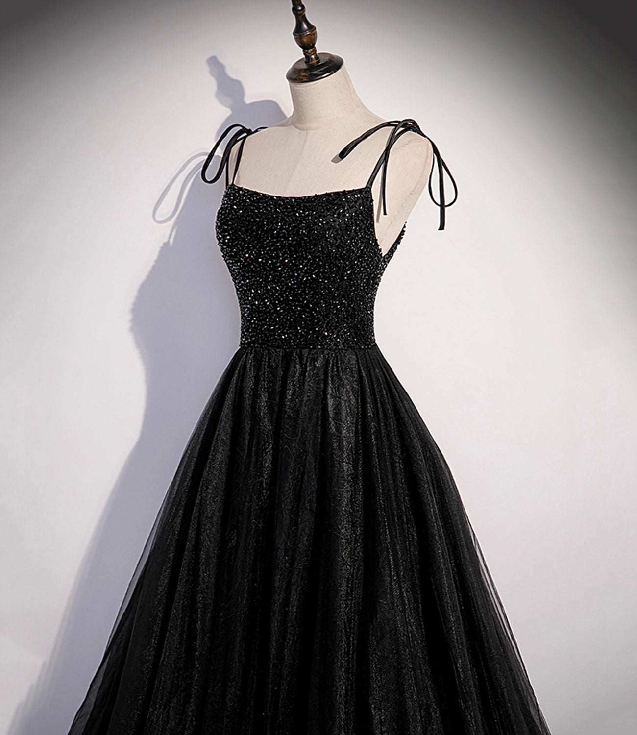 Schwarzes langes Ballkleid mit Tüllperlen in A-Linie, Abendkleid S58