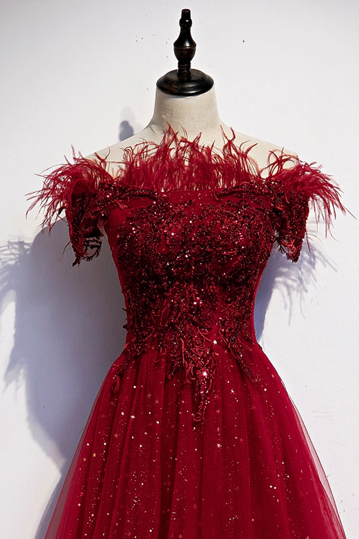 Burgunder Tüll Pailletten langes A-Linie Ballkleid Abendkleid S69