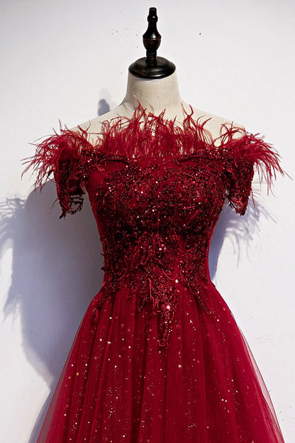 Burgunder Tüll Pailletten langes A-Linie Ballkleid Abendkleid S69