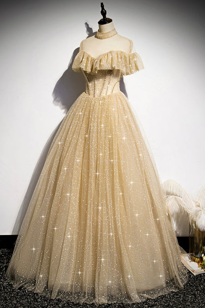 Gold A line sequins long ball gown dress formal dress s78