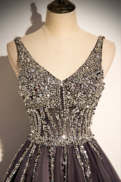 Stilvolles langes Ballkleid aus Tüll mit V-Ausschnitt, A-Linie, Abendkleid S76