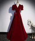 Burgunderrotes langes Ballkleid mit V-Ausschnitt, A-Linie, Abendkleid S54
