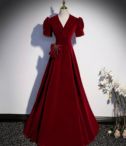 Burgunderrotes langes Ballkleid mit V-Ausschnitt, A-Linie, Abendkleid S54