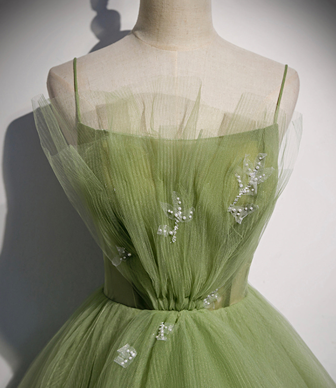 Grünes langes Ballkleid aus Tüll in A-Linie, Abendkleid S56