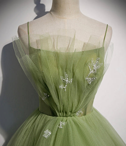 Grünes langes Ballkleid aus Tüll in A-Linie, Abendkleid S56