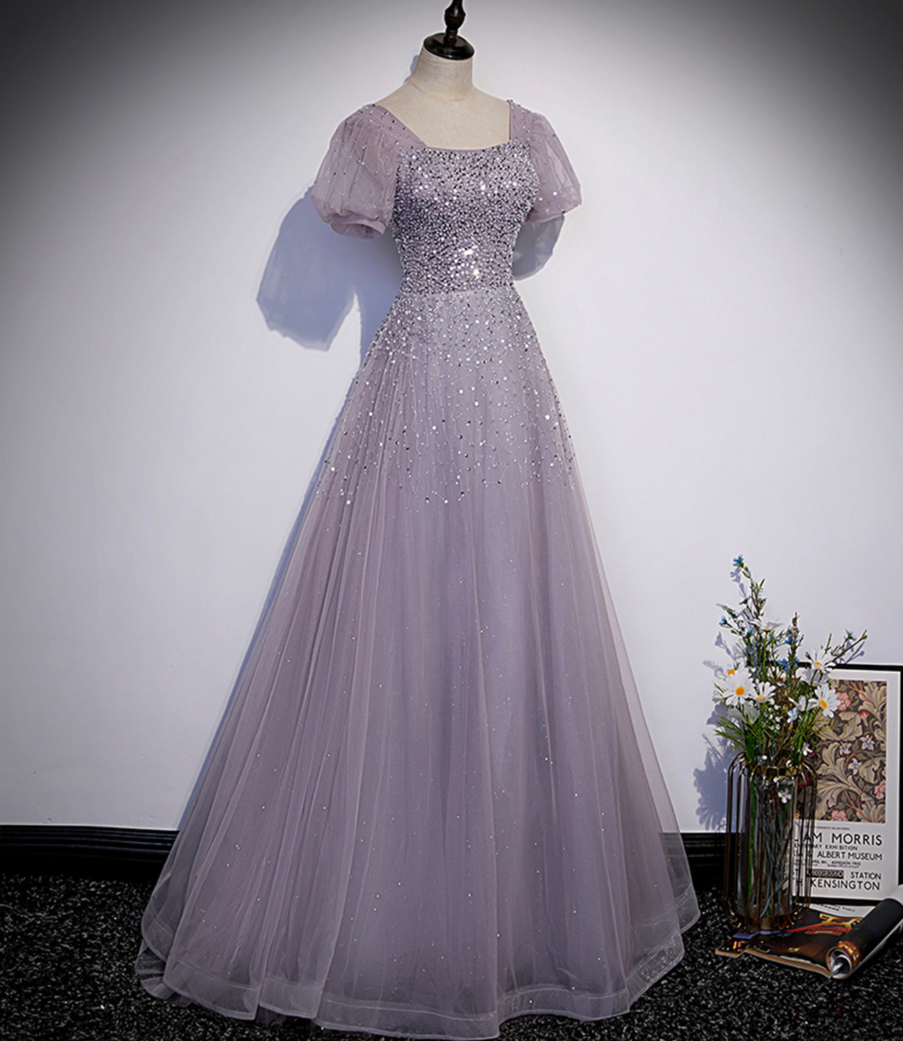 Lila Tüll Perlen langes Ballkleid A-Linie Abendkleid s59