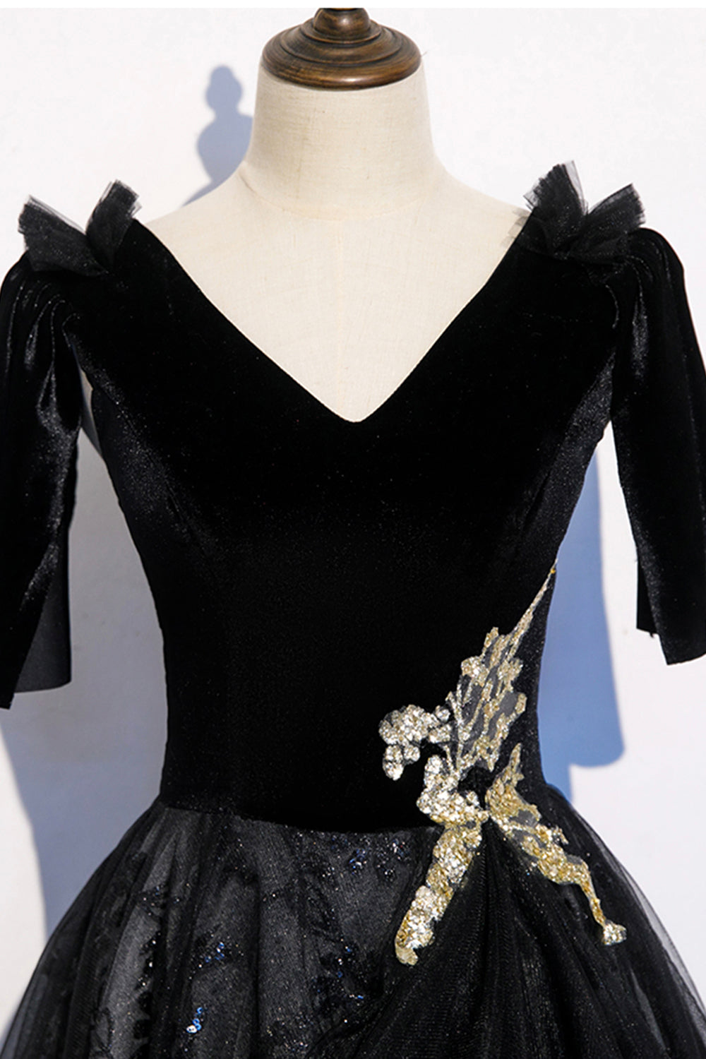 Vestido de fiesta largo de terciopelo negro con encaje, vestido de noche s103