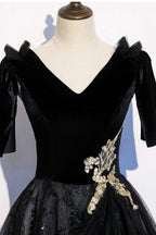 Vestido de fiesta largo de terciopelo negro con encaje, vestido de noche s103