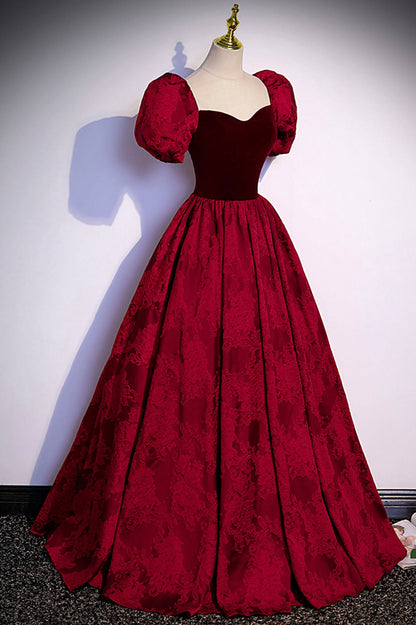 Burgunderrotes langes Ballkleid aus Samt-Jacquard, Abendkleid S89