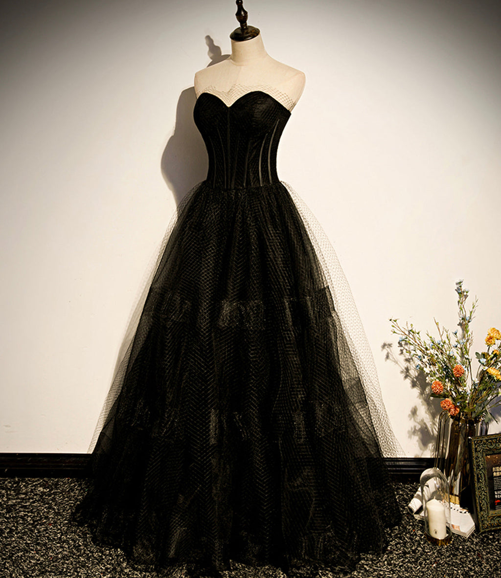 Schwarzes langes A-Linien-Ballkleid aus Tüll, schwarzes Abendkleid S68