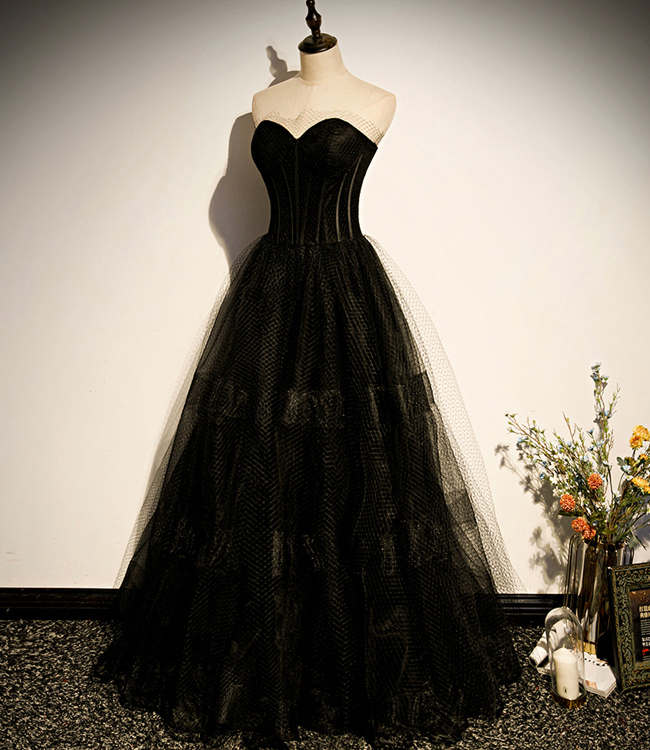 Schwarzes langes A-Linien-Ballkleid aus Tüll, schwarzes Abendkleid S68