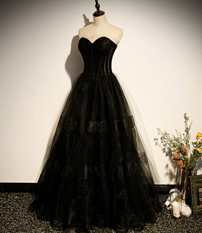 Schwarzes langes A-Linien-Ballkleid aus Tüll, schwarzes Abendkleid S68