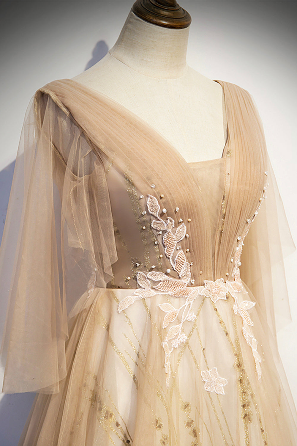 Champagner V-Ausschnitt Spitze langes Ballkleid A-Linie Abendkleid s77