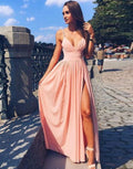 Vestido largo con escote en V profundo, sexy, rosa, para fiesta, con abertura