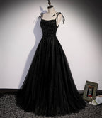 Schwarzes langes Ballkleid mit Tüllperlen in A-Linie, Abendkleid S58