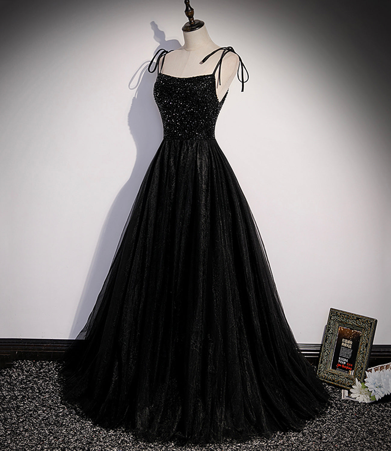 Schwarzes langes Ballkleid mit Tüllperlen in A-Linie, Abendkleid S58