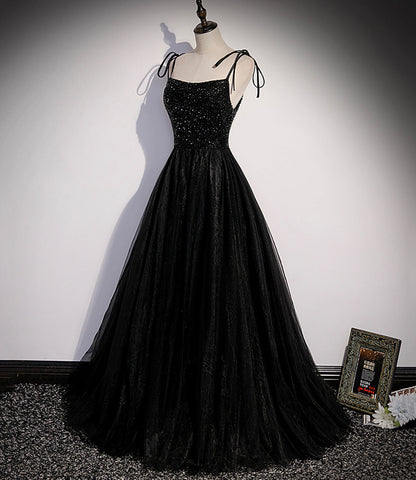 Schwarzes langes Ballkleid mit Tüllperlen in A-Linie, Abendkleid S58