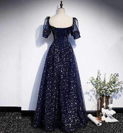 Blaues langes Ballkleid aus Tüll, blaues Abendkleid S106