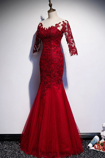 Burgunderrotes langes Ballkleid aus Spitze im Meerjungfrauen-Stil, Abendkleid S110