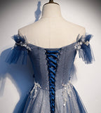 Vestido de fiesta largo de tul brillante con lentejuelas, vestido de noche azul s102