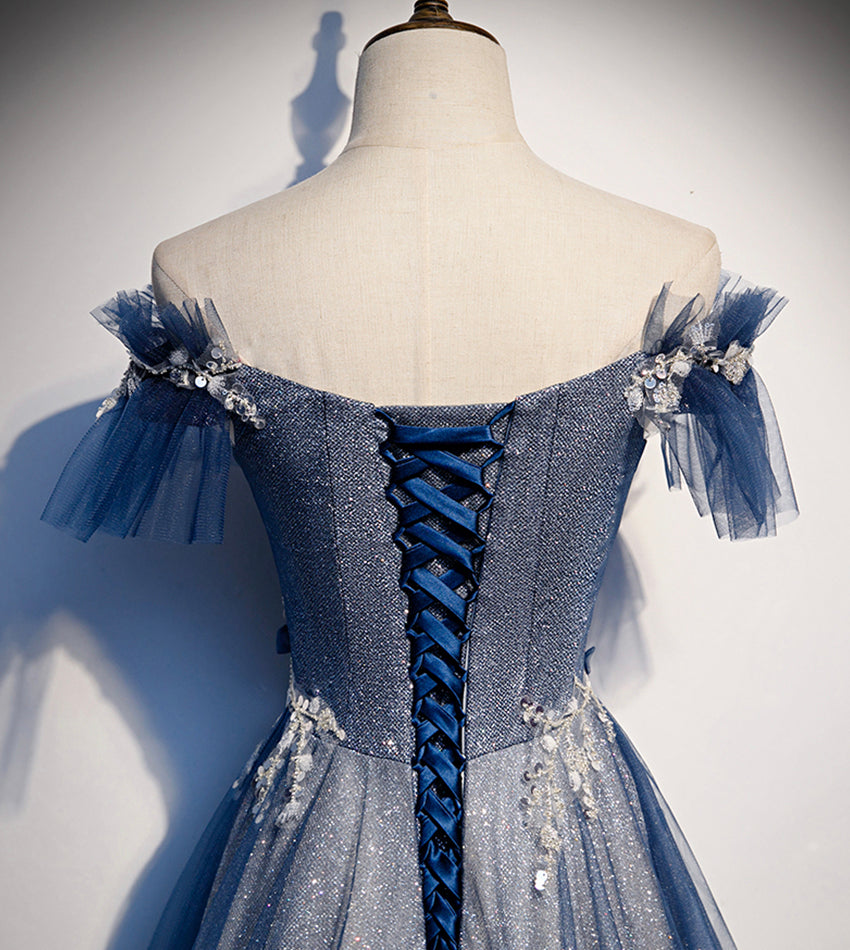 Vestido de fiesta largo de tul brillante con lentejuelas, vestido de noche azul s102