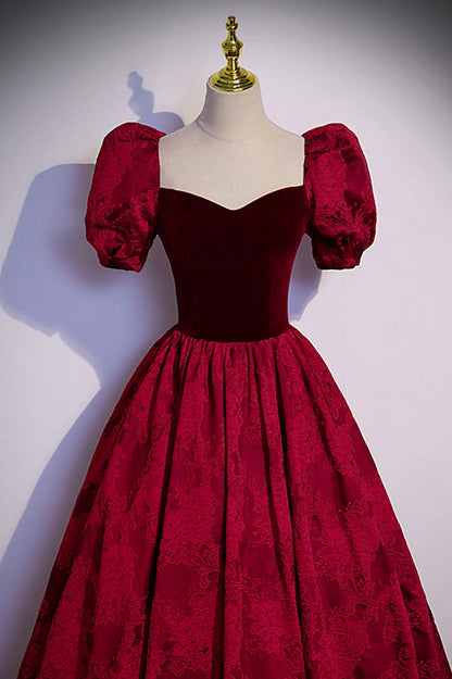 Burgunderrotes langes Ballkleid aus Samt-Jacquard, Abendkleid S89