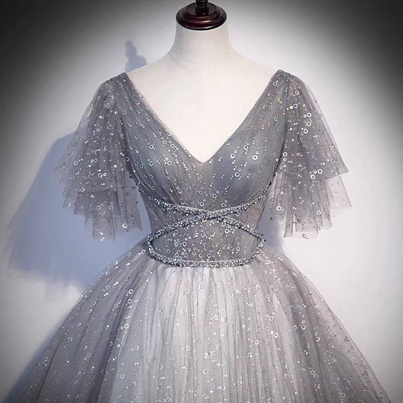 Graues langes Ballkleid mit Tüll-Pailletten in A-Linie, Abendkleid S65