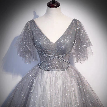 Graues langes Ballkleid mit Tüll-Pailletten in A-Linie, Abendkleid S65