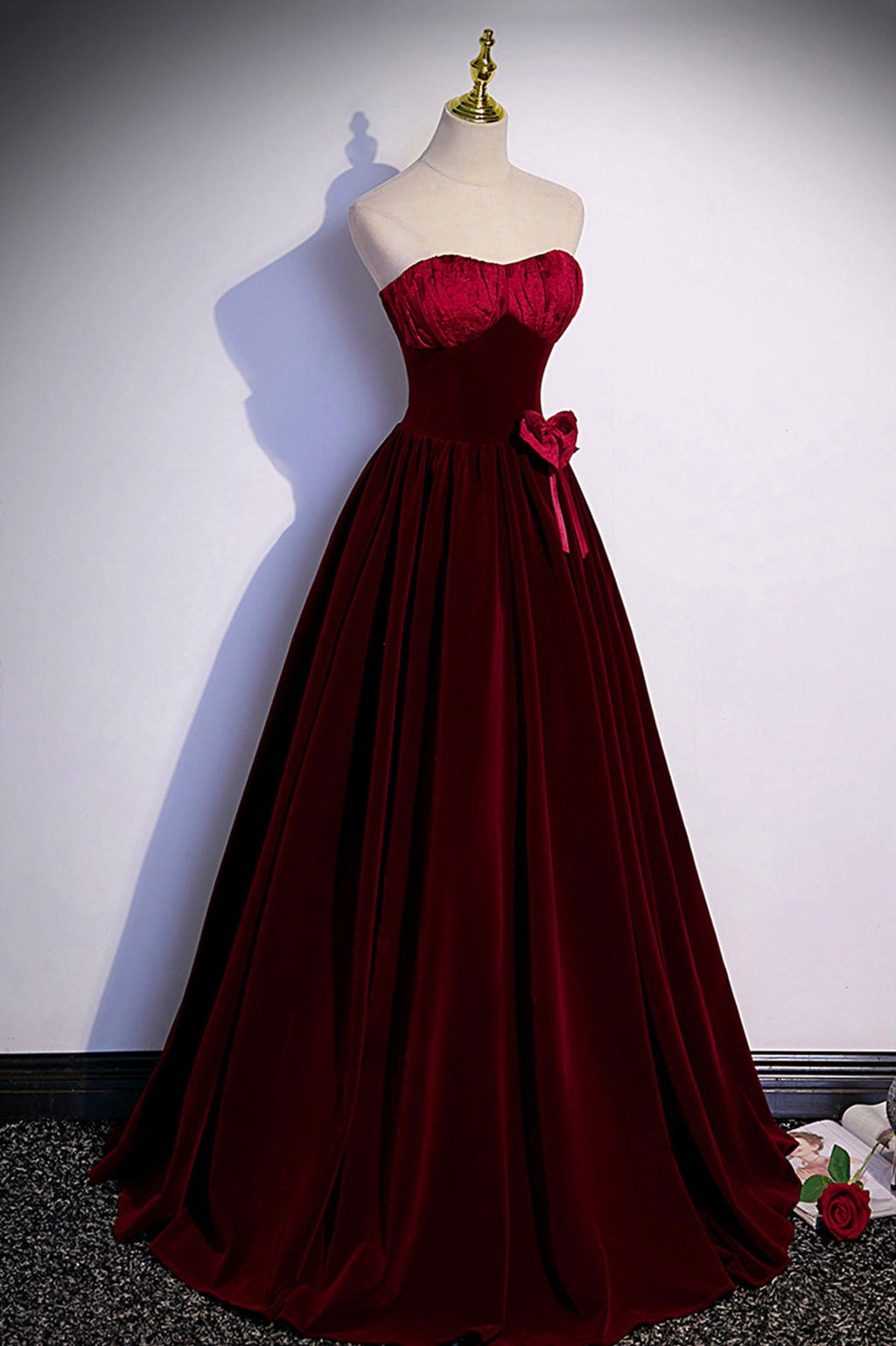 Burgunderrotes langes Ballkleid aus Samt in A-Linie, Abendkleid S86