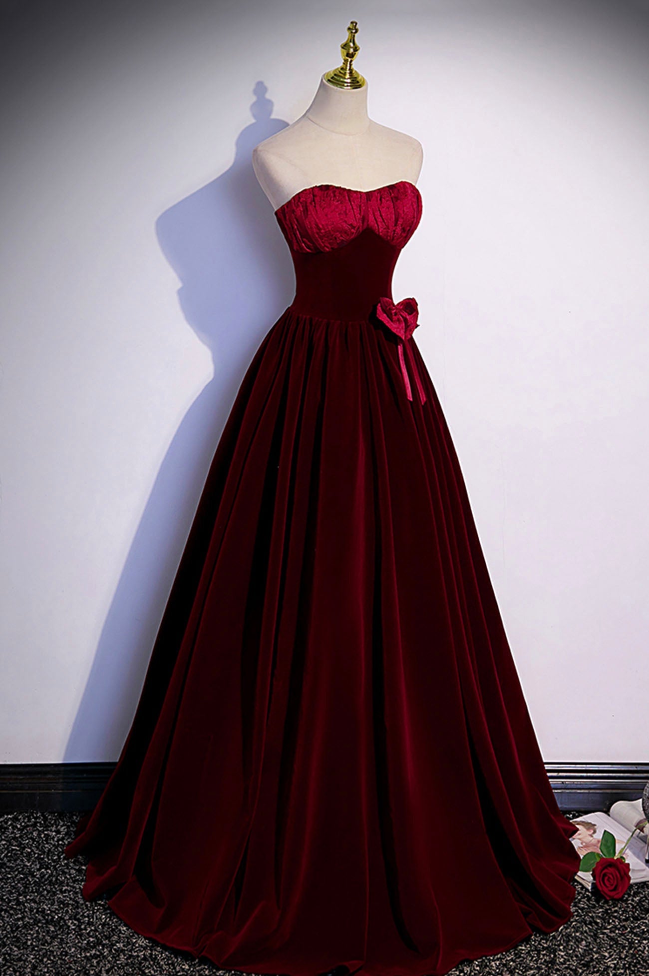 Burgunderrotes langes Ballkleid aus Samt in A-Linie, Abendkleid S86