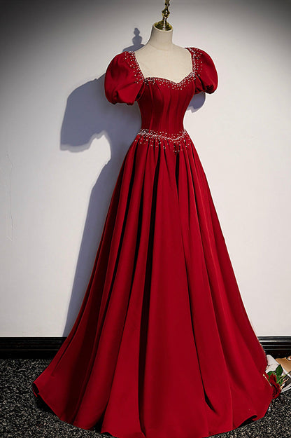 Burgunderrotes A-Linien-Satin-Ballkleid, langes Abendkleid, S85