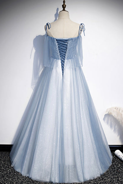 Blaues langes A-Linien-Ballkleid aus Tüll, Abendkleid S72
