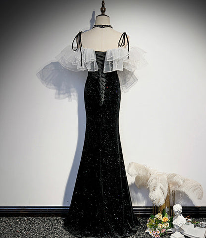 Schwarzes Samt langes Ballkleid Meerjungfrau Abendkleid S57