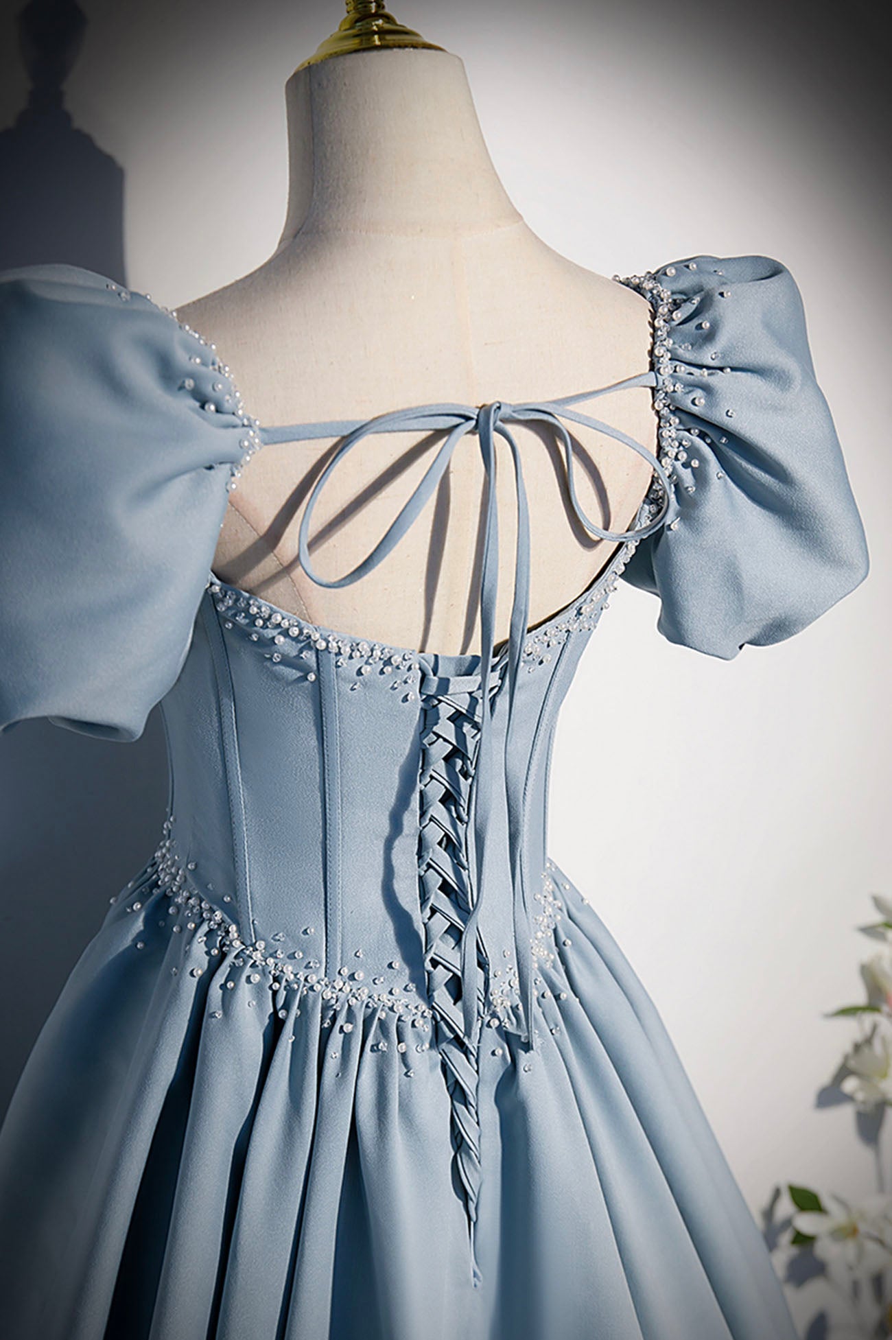 Blaues Satin Perlen langes Ballkleid blaues Abendkleid S52