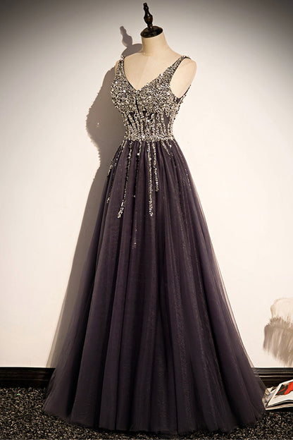 Stilvolles langes Ballkleid aus Tüll mit V-Ausschnitt, A-Linie, Abendkleid S76